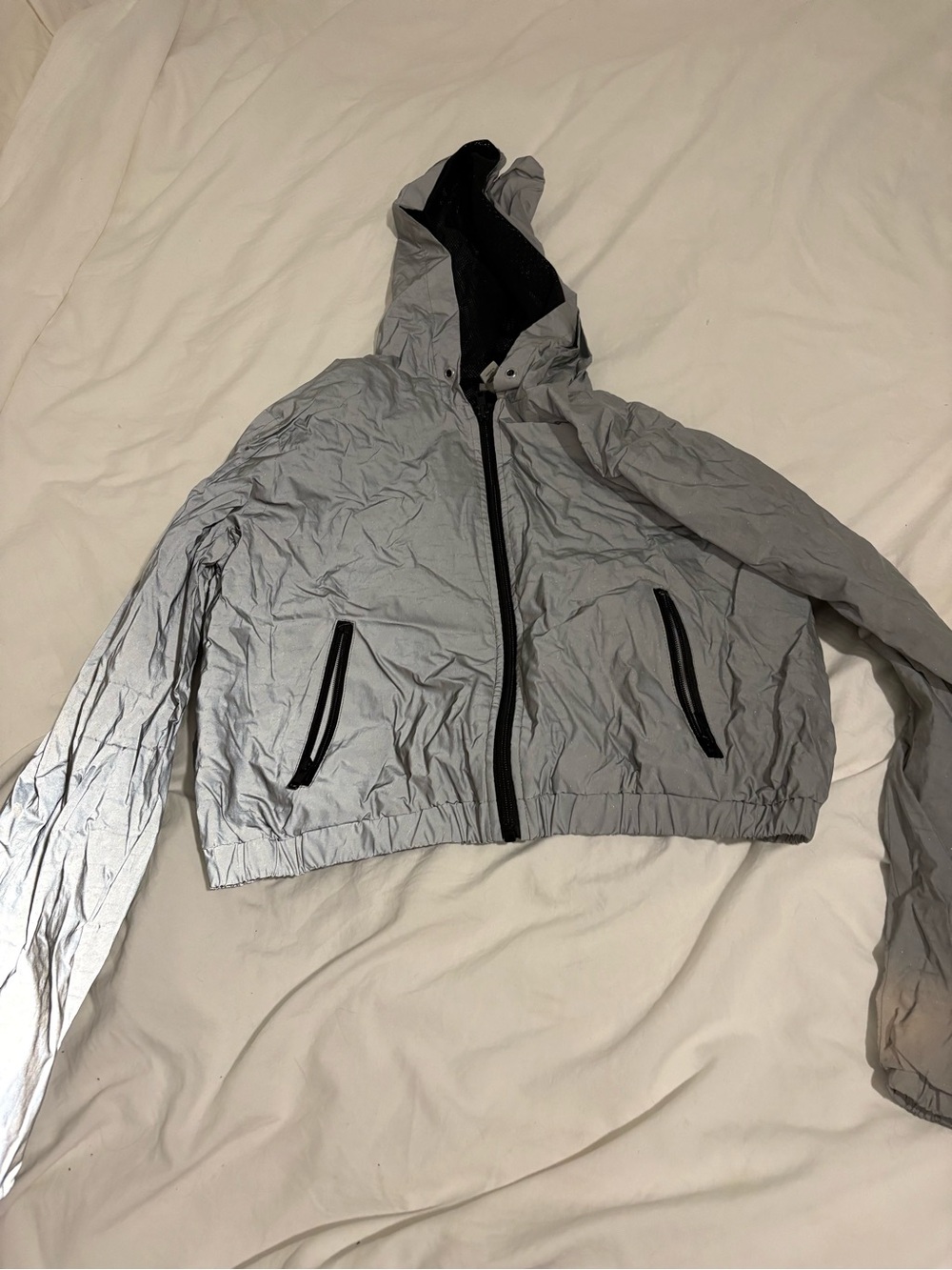 Forever 21 Reflective Hooded Bomber Jacket - Silver/Black